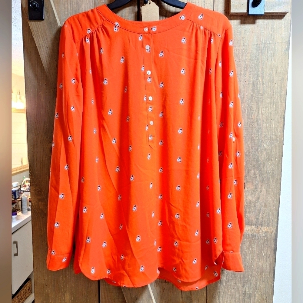 LOFT Bright Orange Floral-Print Button-Back Blouse